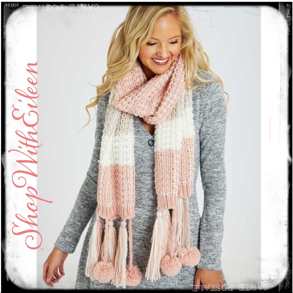 Anna Pastel Peach White Long Pom Pom Fringe Scarf